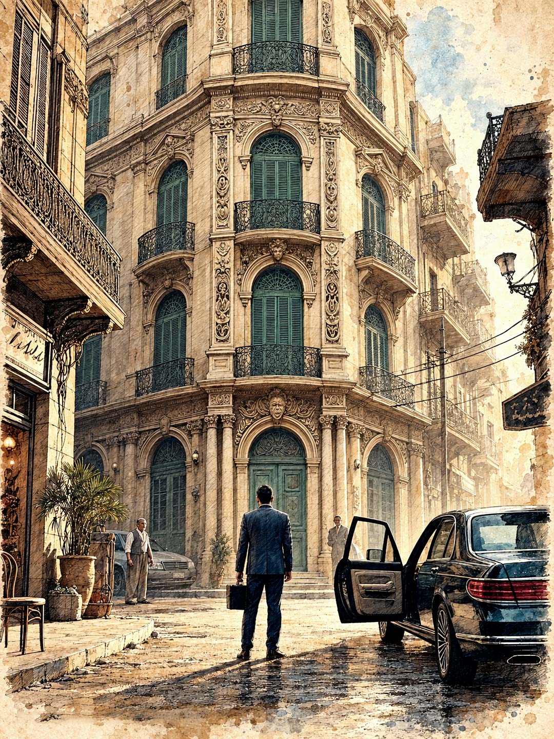 تصميم غلاف قصة قصيرة "أغلى ما في حياتي" يظهر رجلاً ببدلة يحمل حقيبة أمام عمارة كلاسيكية عتيقة